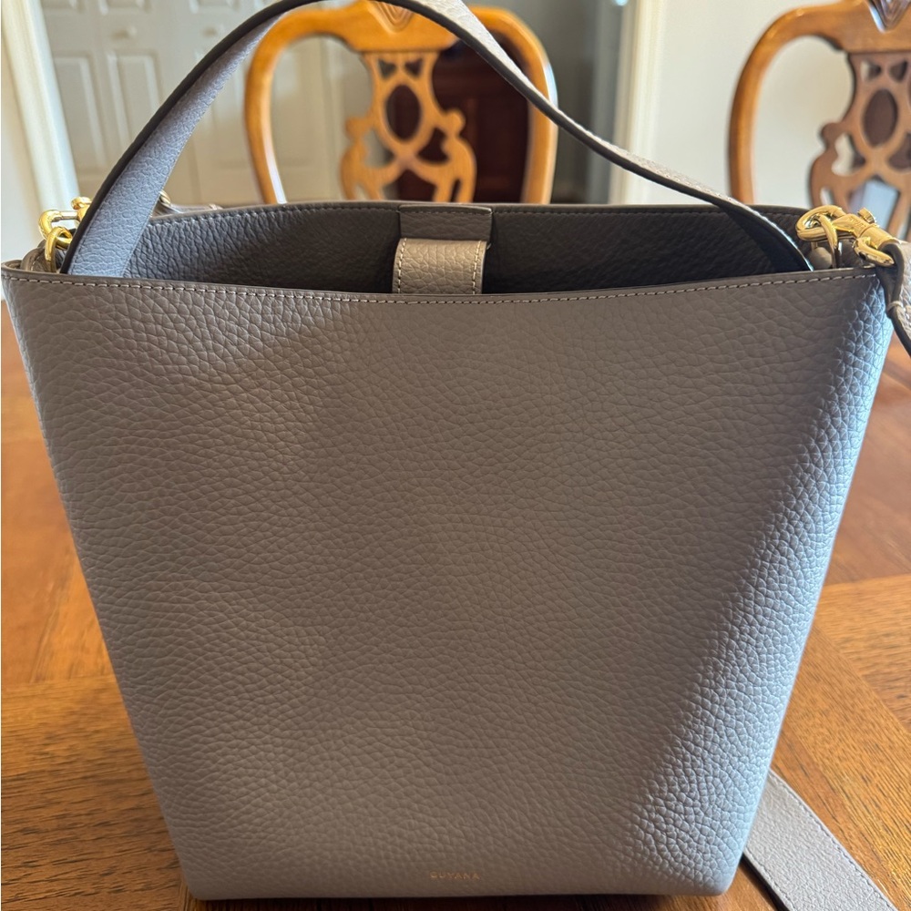 Gray and Tan Shoulder Bag with Textured Leather and Metallic Clasp